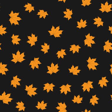 Siyah arka planda akçaağaç yaprakları olan kusursuz bir desen. Vektör illüstrasyonu