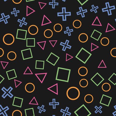 Siyah arkaplanda renkli geometrik şekilli kusursuz desen. Vektör illüstrasyonu