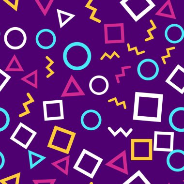 Mor arka planda renkli geometrik şekilli kusursuz desen. Vektör illüstrasyonu