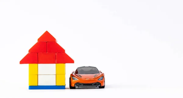 Avant Plan Rapproché Une Voiture Jouet Avec Lego Maison Copier — Photo