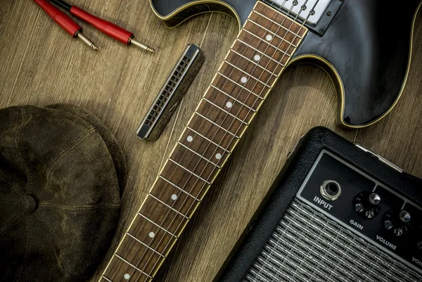 Flat lay de coisas de guitarra — Fotografia de Stock