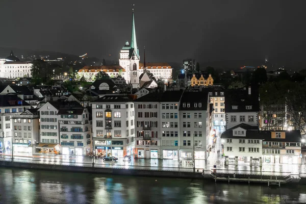 Pemandangan Malam Sungai Limmat Dan Rumah Zurich — Stok Foto