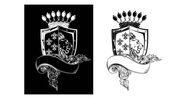 Logo, amblem, sembol ya da dövme için kanatlı ve kurdeleli Heraldik kalkan. Vektör illüstrasyonu