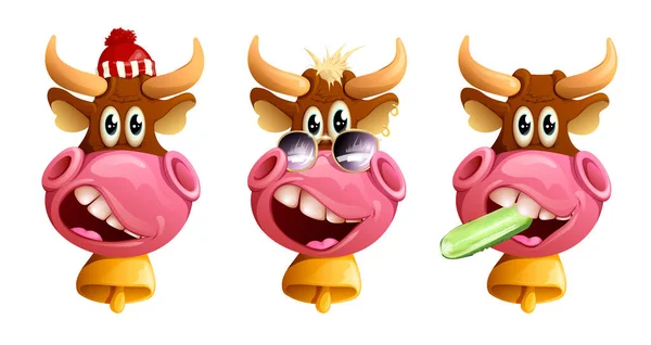 Een Paar Leuke Tekenfilmossen Bull Verschillende Houdingen Emoties Cartoon Stijl — Stockvector