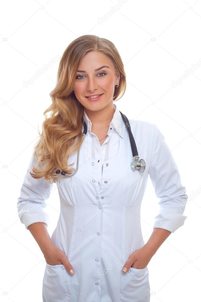 Young beautiful woman doctor isolated on white background.