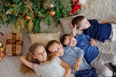 Bir grup çocuk, erkek ve kız kardeş, halıda hediyelerle Noel ağacının altında yatıyorlar. Yukarıdan görünüşü