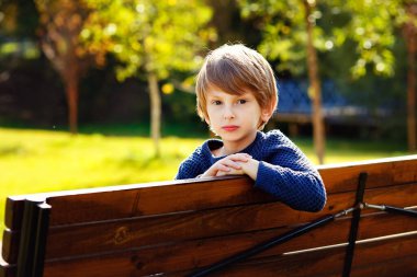 Çekici kızıl saçlı bir çocuk parkta bir bankta oturur ve kameraya bakar..