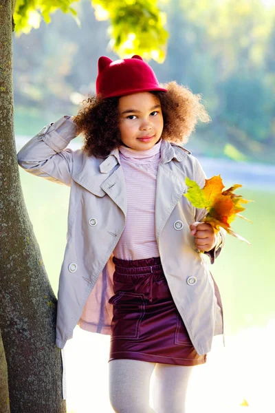 秋天的公园里走着一个美丽的深色皮肤小女孩 手里拿着一束黄色枫叶 — 图库照片