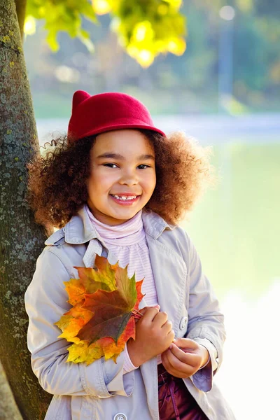 秋天的公园里走着一个美丽的深色皮肤小女孩 手里拿着一束黄色枫叶 — 图库照片