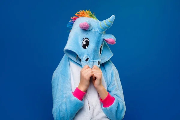 Charming Girl Playfully Poses Costume Unicorn Studio Shot Emotional Woman — Stock Photo, Image