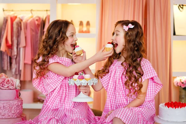 Two Teenage Girls Pink Dresses Long Curled Hair Cake Party — Stock Photo, Image