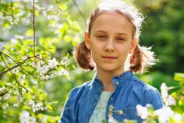 Güzel bir kız elma çiçeğinin tadını çıkarıyor. Bahçede elinde ağaç çiçekleri olan küçük bir anaokulu kızı. Boşluğu kopyala