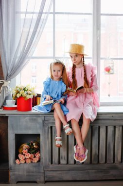 İki kız pencere eşiğinde oturmuş kitap okuyorlar. Kız kardeşler zamanlarını çiçeklerle süslenmiş güzel bir odada geçirirler. Bahar masalı fotoğrafçılığı.