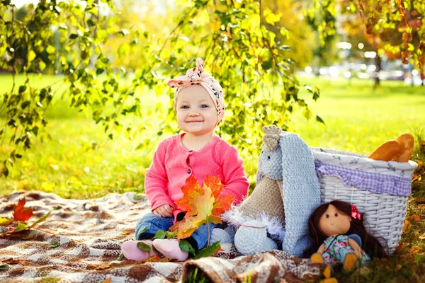 一个可爱的小女孩坐在毛毯上的画像 在夏日阳光充足的公园里野餐 — 图库照片