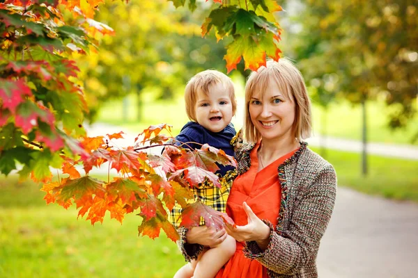 Little daughter and her mother in the autumn season in the park. A woman holds a child in her arms near an autumn branch of a red maple tree.