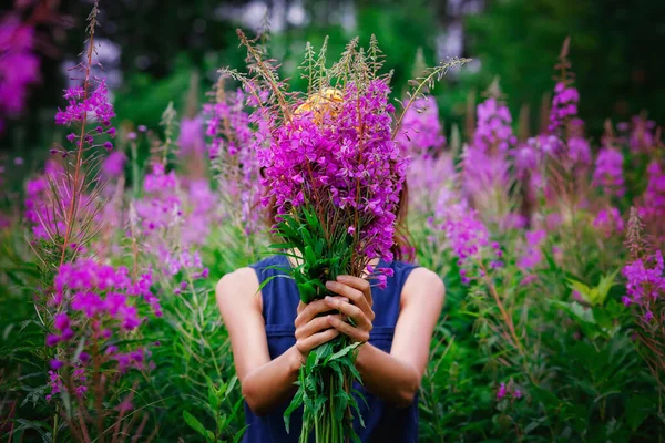 Unknown Young Woman Holding Bouquet Pink Flowers Pink Ivan Tea — Stock Photo, Image