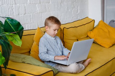 Odaklanmış küçük bir anaokulu çocuğu evdeki sarı bir kanepede oturur, bir dizüstü bilgisayardaki kablosuz interneti tarar. Çocuk baskıları modern bir bilgisayar aygıtı, çocuklar ve teknoloji, eğitim kavramı kullanıyor