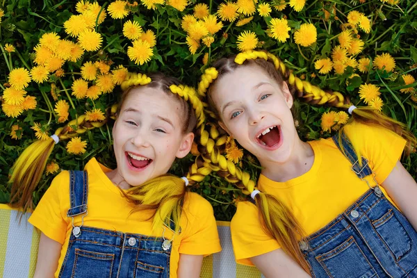 Крупним Планом Дві Молоді Дівчата Грають Полі Кульбаб Яскравий Сонячний — стокове фото