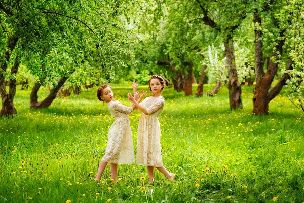 Deux Filles Posent Dansent Dans Magnifique Parc Fleuri Deux Sœurs — Photo