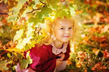 Sonbahar parkındaki bir çocuk güneşe boğuldu. Sarı akçaağaç yaprakları arasında kırmızı örülü süveter giyen küçük sarışın bir kız. Akçaağaç dalının altında saklanıyor..