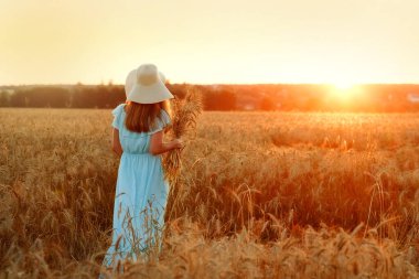 Genç bir kadın buğday tarlasında altın mısır kulakları tutuyor. Gün batımında şapkalı ve elbiseli bir kadın. Zengin bir hasat fikri