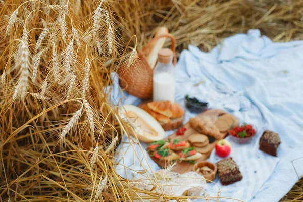 Selektiver Fokus Roggenohren Auf Dem Hintergrund Von Lebensmitteln Picknick Einem — Stockfoto