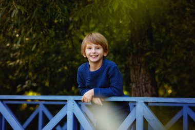 Köprüde mavi örülü süveter giyen kızıl saçlı bir çocuk. Doğada tahta bir köprüde bir çocuk yürüyor..