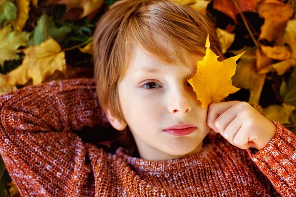 Concetto Foglie Autunnali Bambini Bambino Sdraiato Una Foglia Oro Copriva — Foto Stock