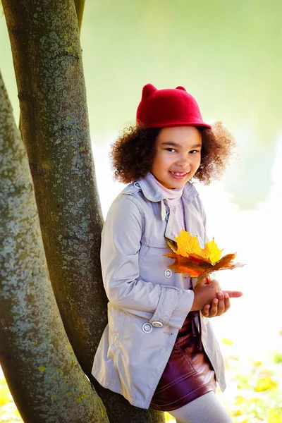 在一个阳光灿烂的日子里 一个戴着红帽子的非洲裔美国小女孩站在湖边的画像 一个女孩站在一棵树旁 手里拿着一束枫叶 — 图库照片