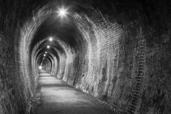 An old brick rail tunnel lit up with electric lighting. Photographed in the Karangahake Gorge rail tunnel, New Zealand, opened in 1905, now a walkway for hikers