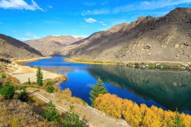 Dunstan Gölü 'nde sonbahar. Clutha Nehri, Güney Adası, Yeni Zelanda' da insan yapımı dolambaçlı bir göl.