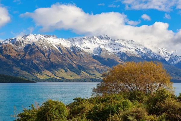 秋の日にニュージーランドの南島にあるワカティプ湖 南アルプスの雪の山は水の向こうにある — ストック写真