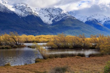 The Glenorchy Lagoon, a wetland in the South Island of New Zealand surrounded by willow trees, in autumn. In the background are the mountains of the Southern Alps clipart