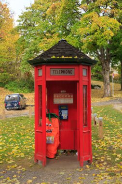 İçinde çalışan bir ankesörlü telefon kulübesi olan eski moda bir kırmızı telefon kulübesi. Arrowtown, Yeni Zelanda 'da çekilmiş. İçinde havuç şeklinde bir korkuluk var. Kasabanın sonbahar festivali için bir süs. 23 Nisan 2021
