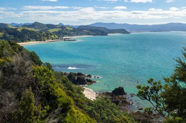 Yeni Zelanda 'daki Coromandel Yarımadası' nın kıyı şeridi bir yamaçtan gözcü tarafından görüldü. Manzara Kuaotunu Sahili ve Halkalar Sahili 'ne bakıyor.