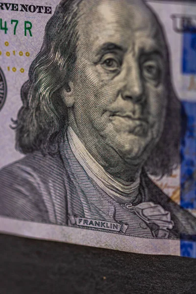 Selektywne Skupienie Się Szczegółach Banknotu 100 Dolarów Zamykamy Makro Detale — Zdjęcie stockowe