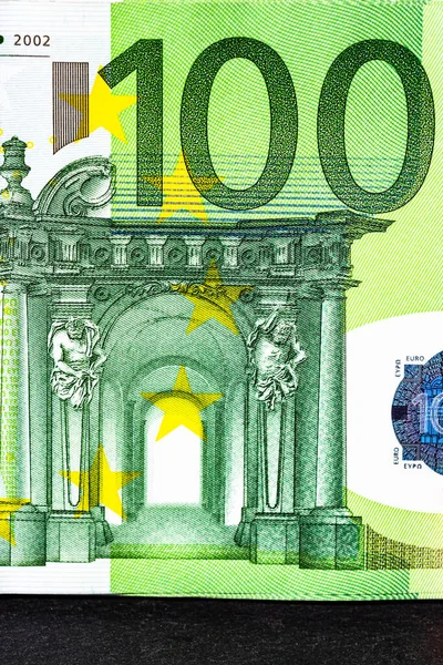 Selektivní Zaměření Podrobnosti Eurobankovkách Detailní Makro Detaily Bankovek 100 Euro — Stock fotografie