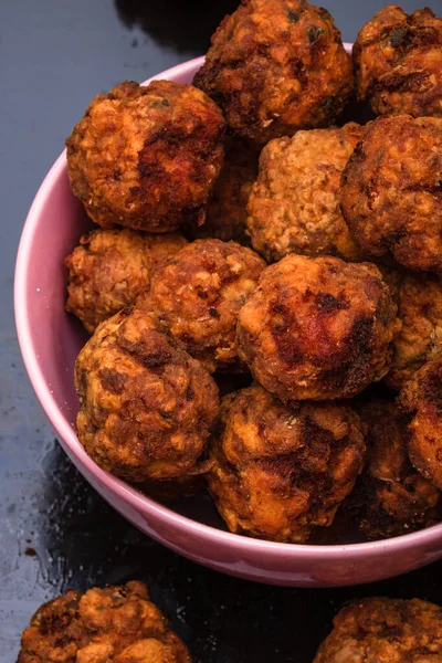 Pink Bowl Fried Meatballs Spices Homemade Food — Stock Photo, Image