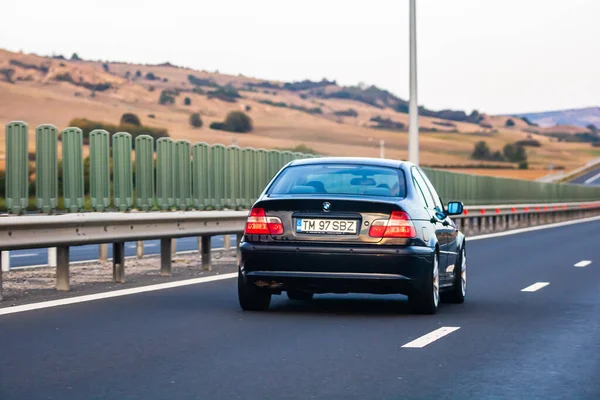 Traveling Black Car Motion Asphalt Road Back View Car Street — Stock Photo, Image