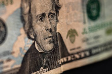 20 dolarlık banknotun detaylarına odaklan. Para banknotlarının makro detaylarını kapat, dolarları izole et. Dünya para kavramı, enflasyon ve ekonomi kavramı