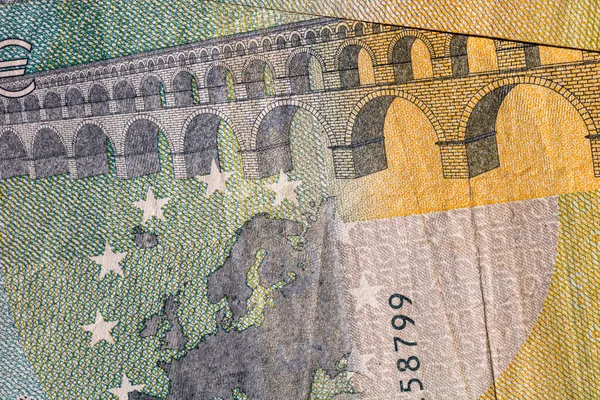 Selektywny Nacisk Szczegóły Dotyczące Banknotów Euro Zbliżenie Makro Szczegóły Banknotów — Zdjęcie stockowe