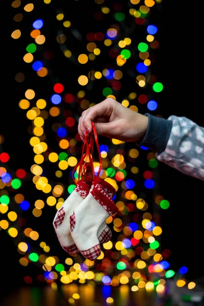 Woman Hands Hold Christmas Decoration Christmas New Year Holidays Background — Stock Photo, Image