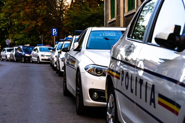 Policía Rumana Politia Rutiera Coche Aparcado Largo Calle Centro Bucarest — Foto de Stock