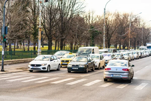 Tráfico Coches Hora Punta Centro Ciudad Contaminación Del Coche Atasco — Foto de Stock