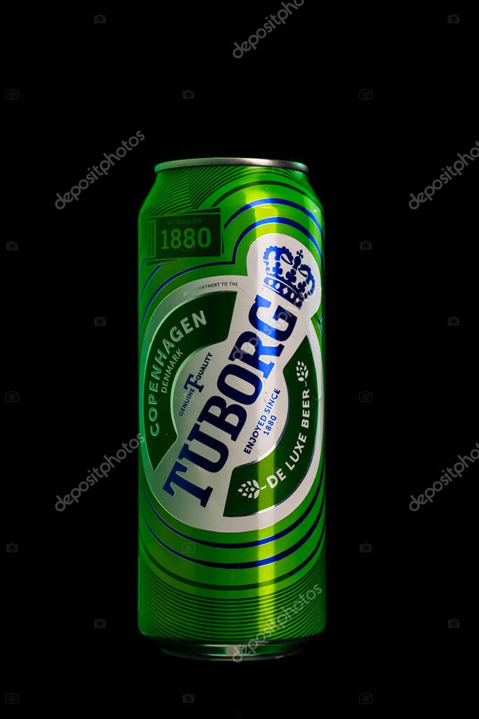 Tuborg beer can isolated on black background. Bucharest, Romania, 2020