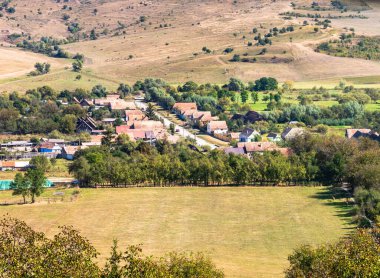 Romanya 'da bitki örtüsü, tarlaları ve evleri olan bir kırsal alan manzarası.