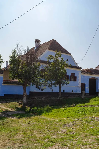 Widok Malowniczej Miejscowości Viscri Rumunii Malowane Tradycyjne Stare Domy Średniowiecznej — Zdjęcie stockowe