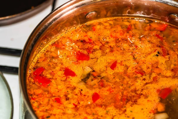 用鸡肉和蔬菜准备汤 煮沸的汤 — 图库照片