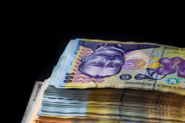 Seçici olarak bir yığın LEI Romen parasına odaklan. İzole edilmiş banknotlar..