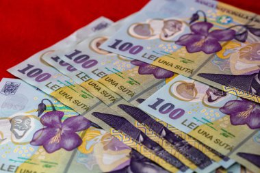 Seçici olarak bir yığın LEI Romen parasına odaklan. İzole edilmiş banknotlar..